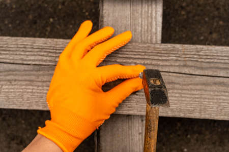 Hands in orange gloves hold a hammer and hammer a nail into the board