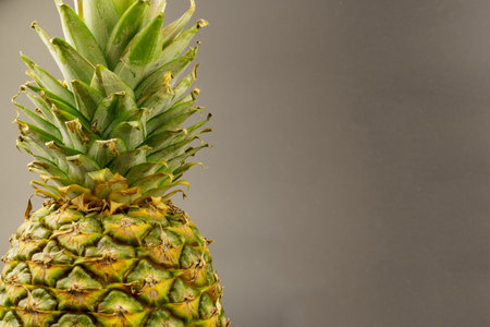 Pineapple close-up, on a gray background with copy space. Tropical perennial