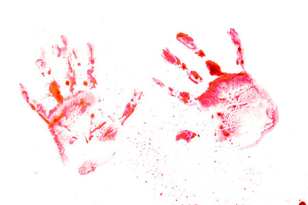 Imprint of human hands with watercolor red paint on a white background. Close-up of handprintsの写真素材