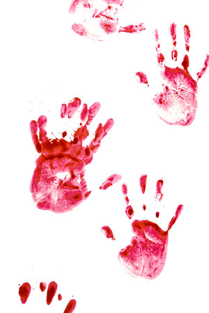 Watercolor imprint of human hands on a white background. Close-up of handprints. Vertical photoの写真素材