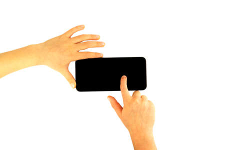 Kid hands holding smartphone isolated on white background