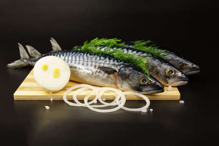 Three mackerel fish, decorated with dill, lie on a cutting board next to onion rings and coarse salt on a black background.の写真素材