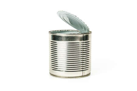 Open empty tin can isolated on white background