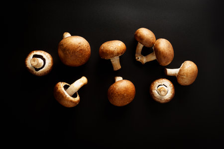 Fresh royal mushrooms on a black background. The concept of proper nutrition.の写真素材