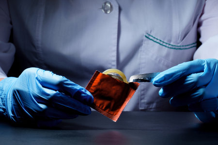 Female doctor opens a package with a condom on a dark background. safe sex concept. Infection prevention, birth control, safe preventive measuresの写真素材