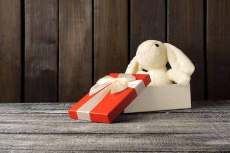 plush rabbit sits in a gift box on a dark wooden background, free space for text. toy as a gift....