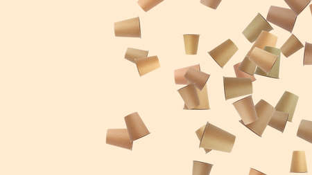 falling brown paper disposable cups on pastel beige background, copy spaceの写真素材