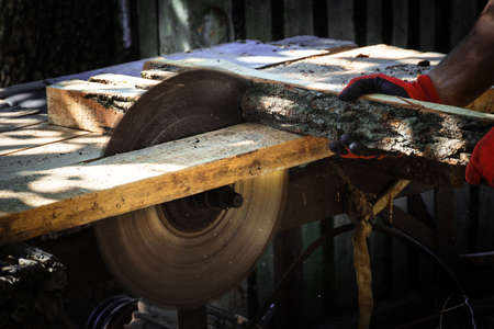 circular power saw for cutting wood. circular saw blade on a wooden machine. preparation of firewood