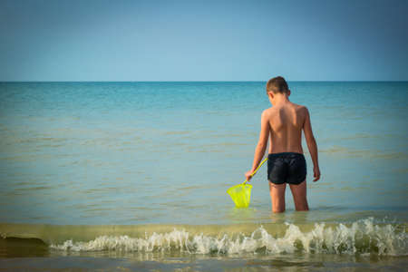 boy in the sea. the child goes to sea with a butterfly net. vacation concept during the summer breakの写真素材