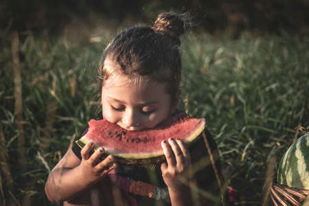 beautiful girl sitting in a meadow with watermelons. cute little baby eating watermelon sitting on the grass.の写真素材