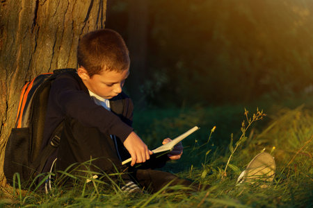 boy sitting under a tree reads a book. school-age child learns in nature. bannerの写真素材