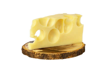 piece of cheese on wooden board isolated on white background