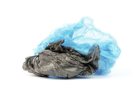 used crumpled trash bags isolated on white background.の写真素材