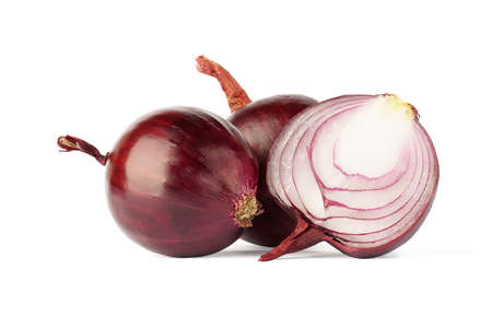 fresh red onion isolated on white background. two whole onionsの写真素材