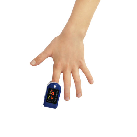 pulse oximeter with patient hand isolated on white background. the device measures the child's pulse
