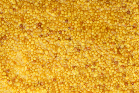 grain mustard background. mustard beans close-up, top viewの写真素材