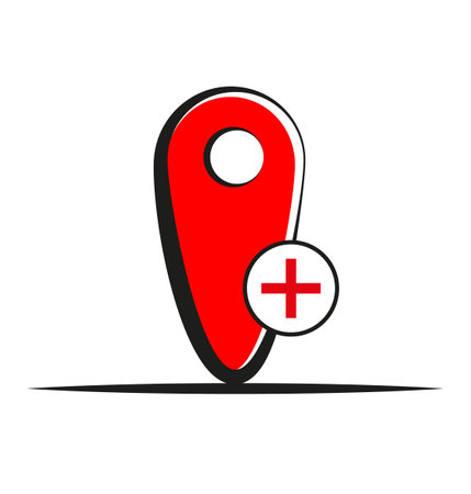 a red pointer on the map with a plus sign indicates a pharmacy or medical facility.のイラスト素材