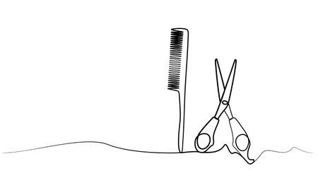 Continuous line drawing of comb and scissors. vectorのイラスト素材