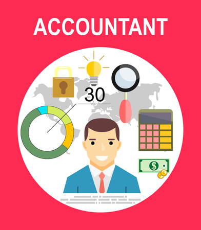 Accountant, businessman. Set icons flat design. Concept of accounting and calculation. Vector illustration. Man working with finances, reports, statistical, analysis, calculation of profit, income.のイラスト素材