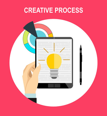 Flat design vector illustration of modern creative designer workspace, social media, mobile devices, advertising.のイラスト素材