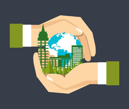 Go green city  . Ecology concept. Hands hold the city. Vector illustration.のイラスト素材