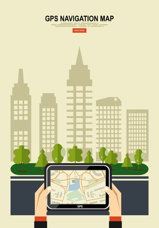 Hands holding a tablet with mobile gps navigation. Finding the way concept. City on the background. Flat vector illustration.のイラスト素材