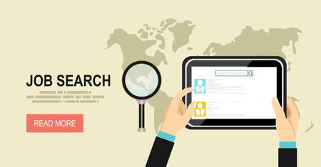 Concept of job searching. Hand holding tablet and loupe. Flat design.のイラスト素材