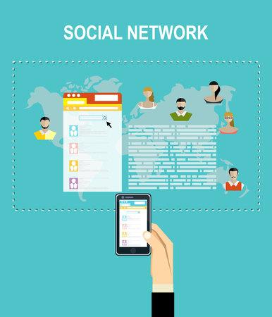 Social Network Vector Concept. Flat Design Illustration for Web Sites Infographic Design. Communication Systems and Technologies.のイラスト素材