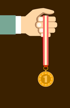 Success. Vector victory concept. Hand with a medal flat styleのイラスト素材