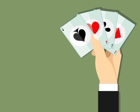 hand holding four playing cards aces abstract vector illustration
