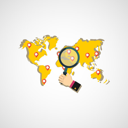Hand holding magnifying glass on world map.のイラスト素材