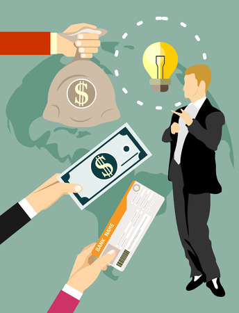 Businessman gets money for the idea. Handsome businessman has idea bulb. Selling new ideas, getting money. Funding concept.のイラスト素材