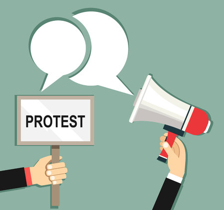 Cartoon hands of demonstrants and hand with Megaphone, protest concept, revolution, conflict, illustration in flat designのイラスト素材