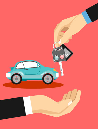 Dealership agent giving car key to a customer with a car in the background concept. Hand giving car keys to another hand. Flat designのイラスト素材