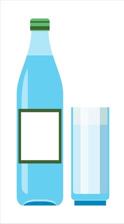 Glass of water and bottle with mineral water isolated on white background. Vector illustrationのイラスト素材