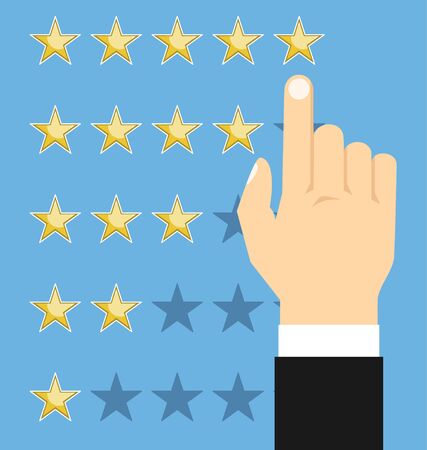 Pointing hand and five stars. Customer reviews, rating, user feedback concept. Modern flat designのイラスト素材