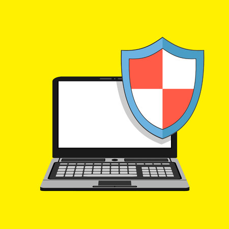 Laptop protection sign icon. Notebook with shield symbol.のイラスト素材