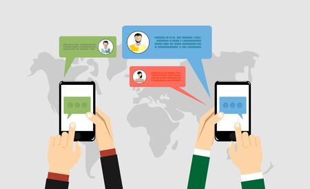 Chat concept. Man hold in hand smartphone. People using mobile gadgets for communication. Texting messages in internet. Vector illustration flat design.のイラスト素材