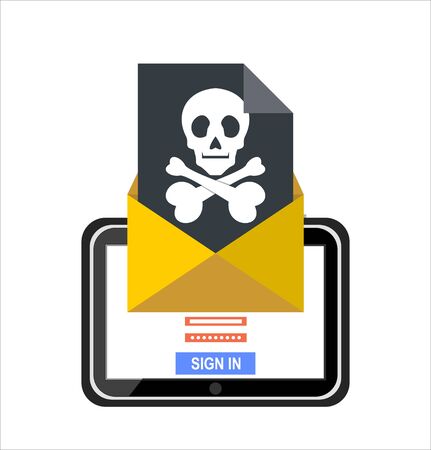 Tablet and envelope with black document and skull icon. Virus, malware, email fraud, e-mail spam, phishing scam, hacker attackのイラスト素材
