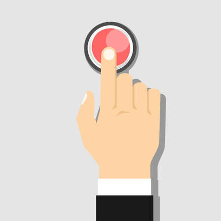 Hand pressing red button. Push finger. Vector illustration flat design. Click button isolated on background. Beginning action, concept.のイラスト素材
