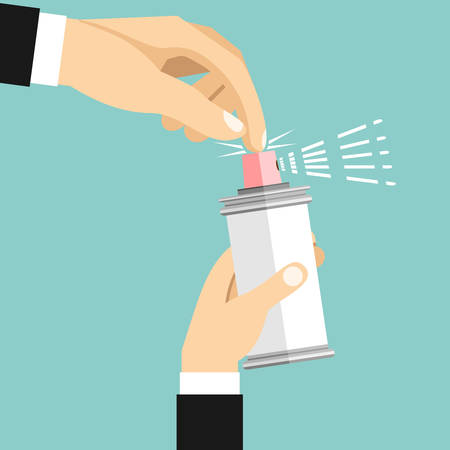 Spray in hand. Spray bottle. Spray canister hold man. Vector illustration flat design. Template for different gases, mixture, liquid. Aerosol can.のイラスト素材