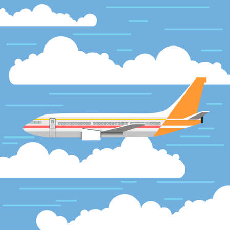 Airplane flies in the sky. Side view. Airliner. White airplane. Flat vector banner.