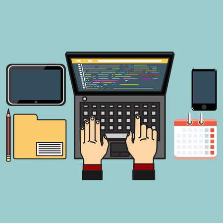 Programmer coding a new project using laptop. Flat vector illustration.
