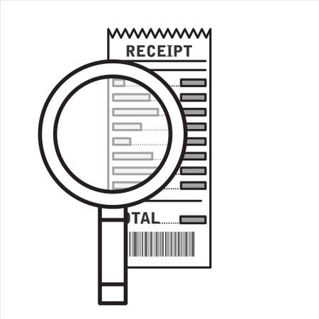 Receipt icon. Paper invoice and magnifying glass. Total bill. illustration in flat styleのイラスト素材