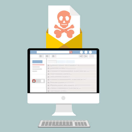Computer with envelope and skull on the screen. Concept of virus, piracy, hacking and security. Flat vector illustration.のイラスト素材