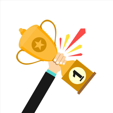 Business goal achievement vector concept, flat style happy successful businessman holding golden cup award in hand, first place prize victory, competition winnerのイラスト素材