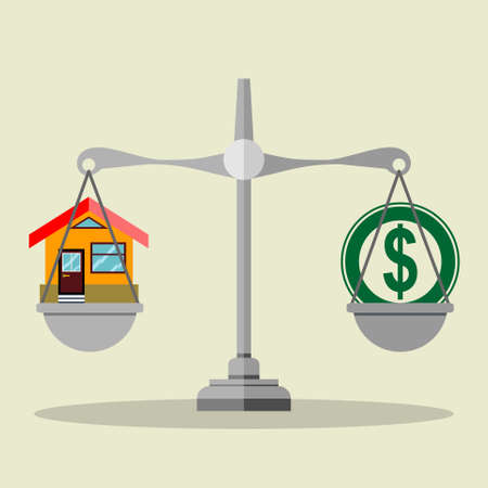Dollar coin and house on scales. Real estate, rental, expense, liabilities and mortgage concept.のイラスト素材