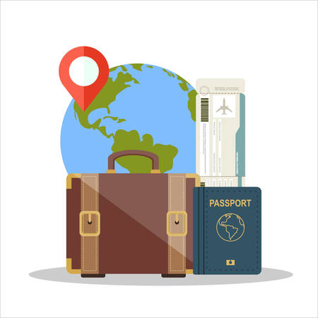 Flat design style modern vector illustration icons set of traveling on airplane, planning a summer vacation, tourism and journey objects and passenger luggage.のイラスト素材