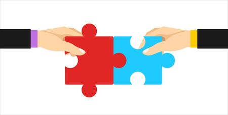 Teamwork concept. Puzzle holding in hands businessman connecting. Vector illustration flat style design.のイラスト素材