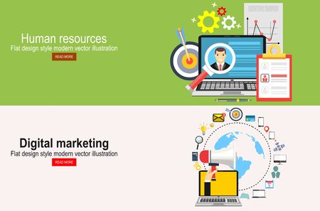 Search for employee, human resources, team management concepts. Hand holding megaphone coming out from laptop, digital marketing vector concept.のイラスト素材